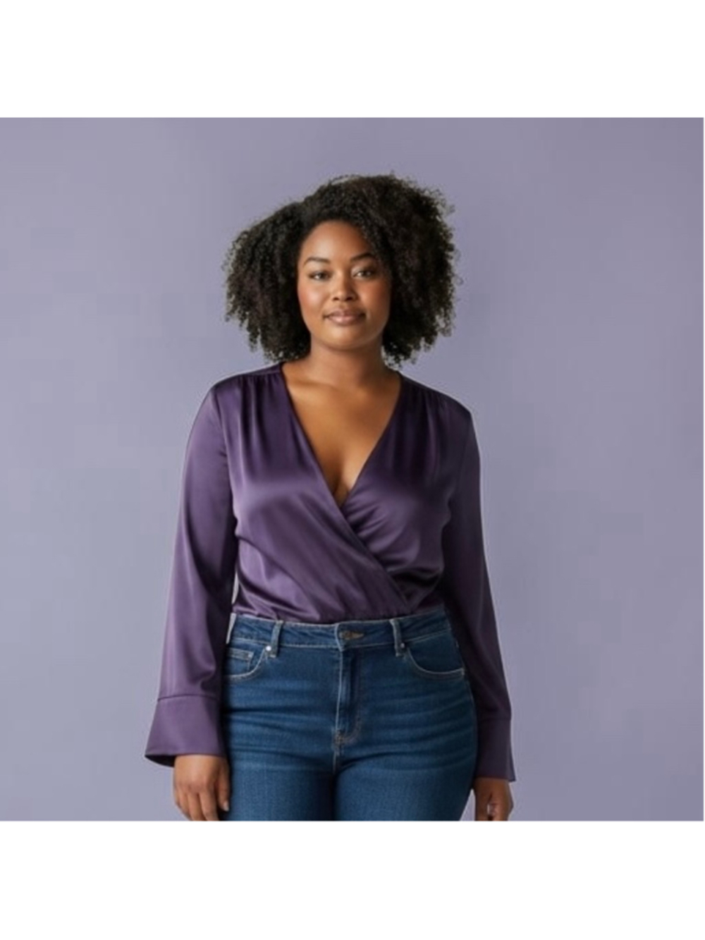 Size XL Women's Ann Taylor Purple Satin V-Neck Long Sleeve Wrap Bodysuit